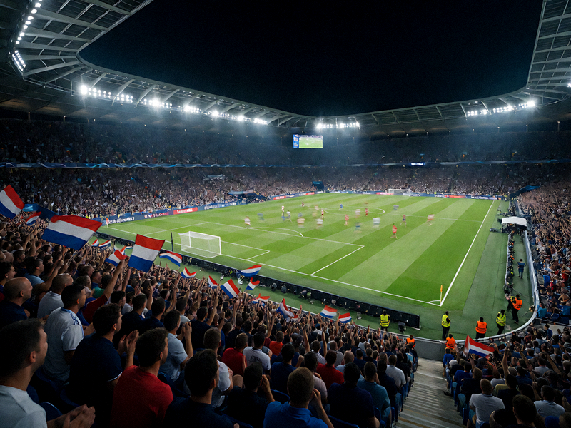 体育场内夜间足球比赛现场灯光与观众席画面